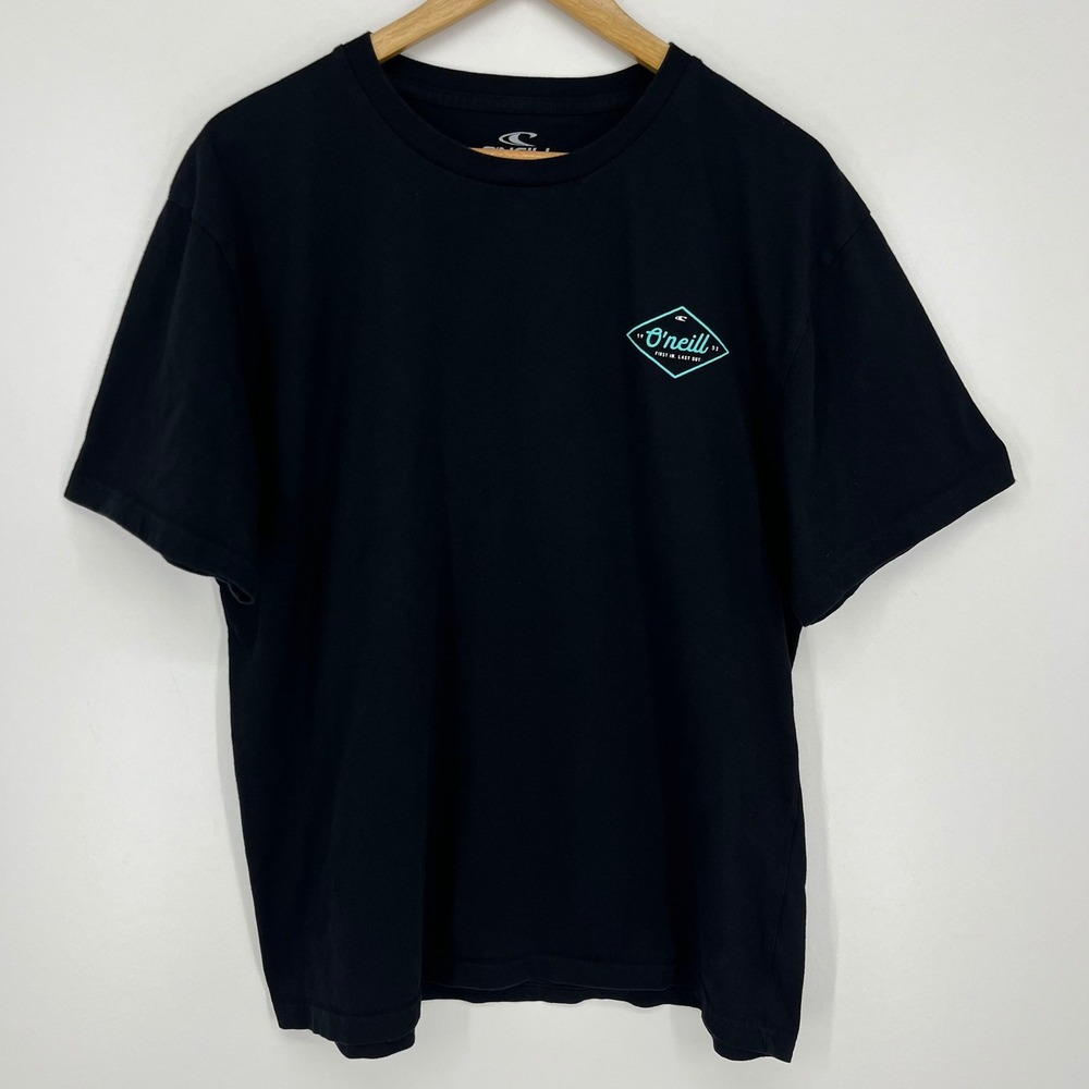 O'Neill Mens Black Graphic T-Shirt Large First In Last Out Teal‎ Logo Tee